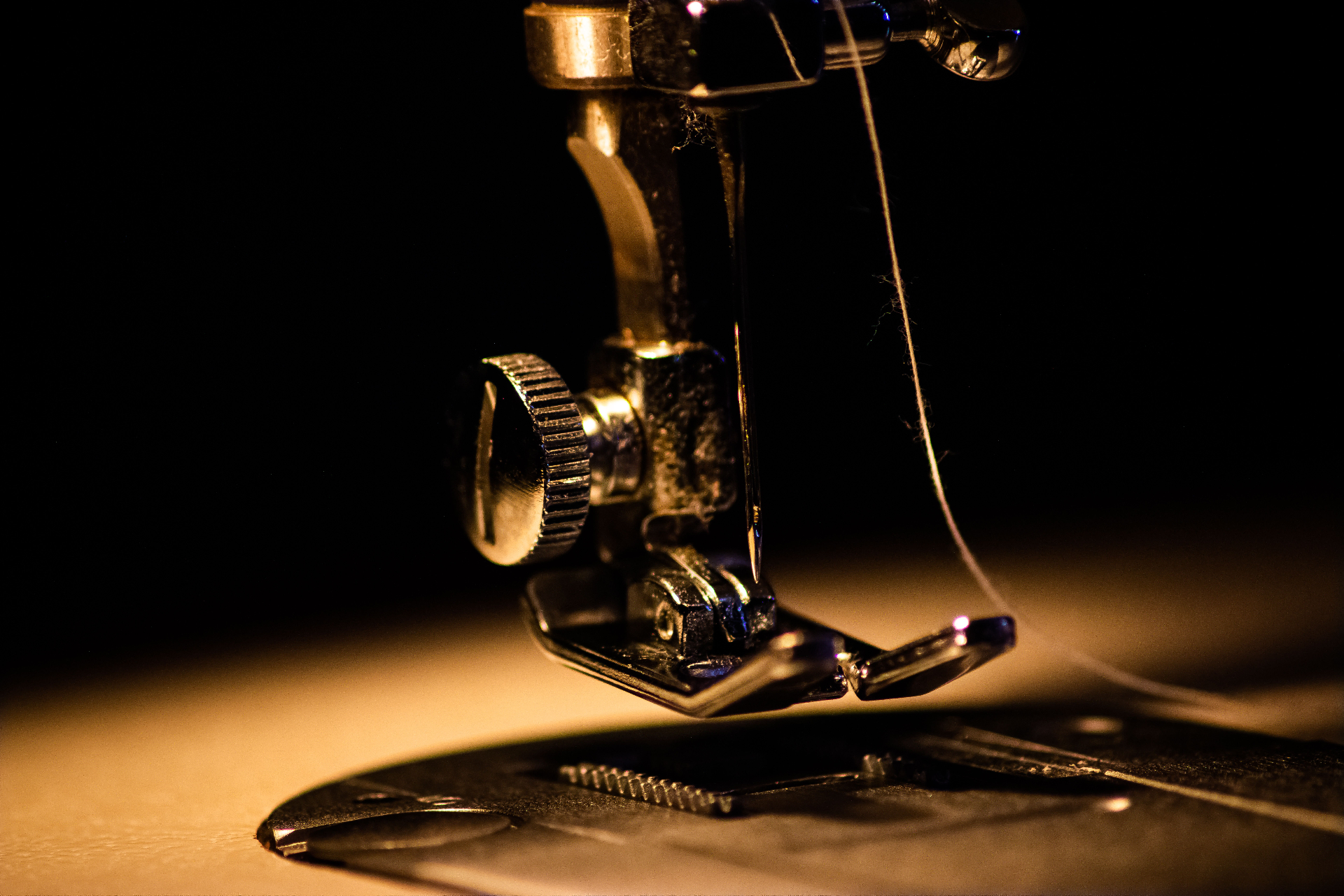Close-up of an industrial sewing machine needle under warm light