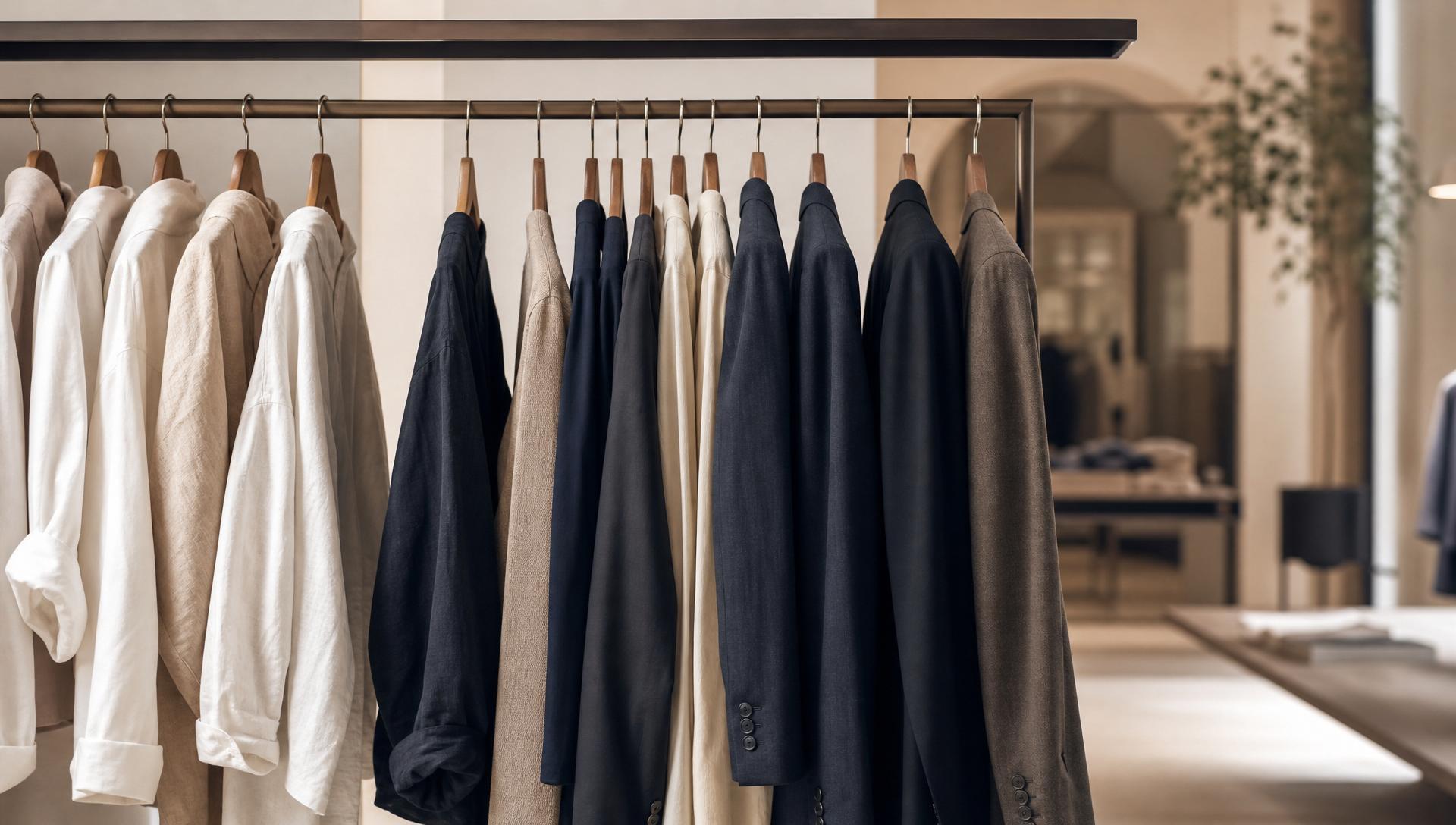 Premium apparel hanging on a rack in a modern showroom